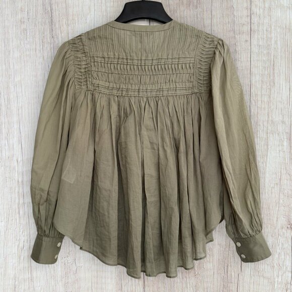 BANANA REPUBLIC Pintuck Swing Top Pleated Semi Sheer Cropped Cotton Blouse Green - Picture 2 of 5